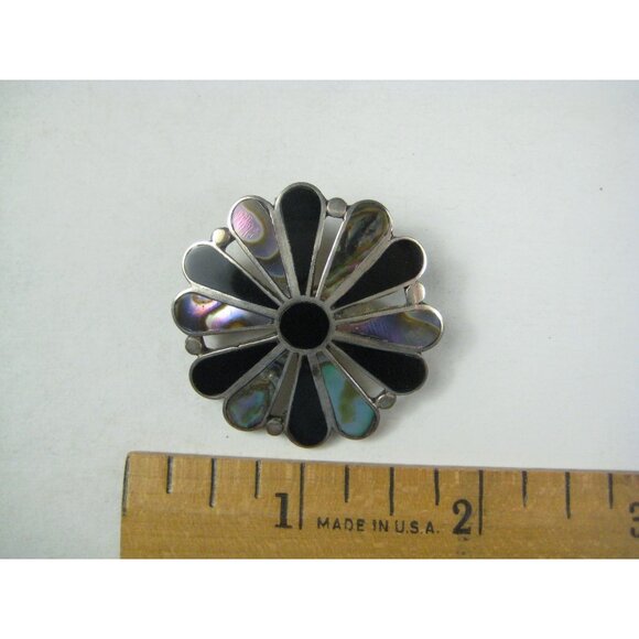 Campo Taxco Mexico Vintage Sterling Silver Abalone Onyx Inlay Brooch Pin 925 MCM - Picture 2 of 5